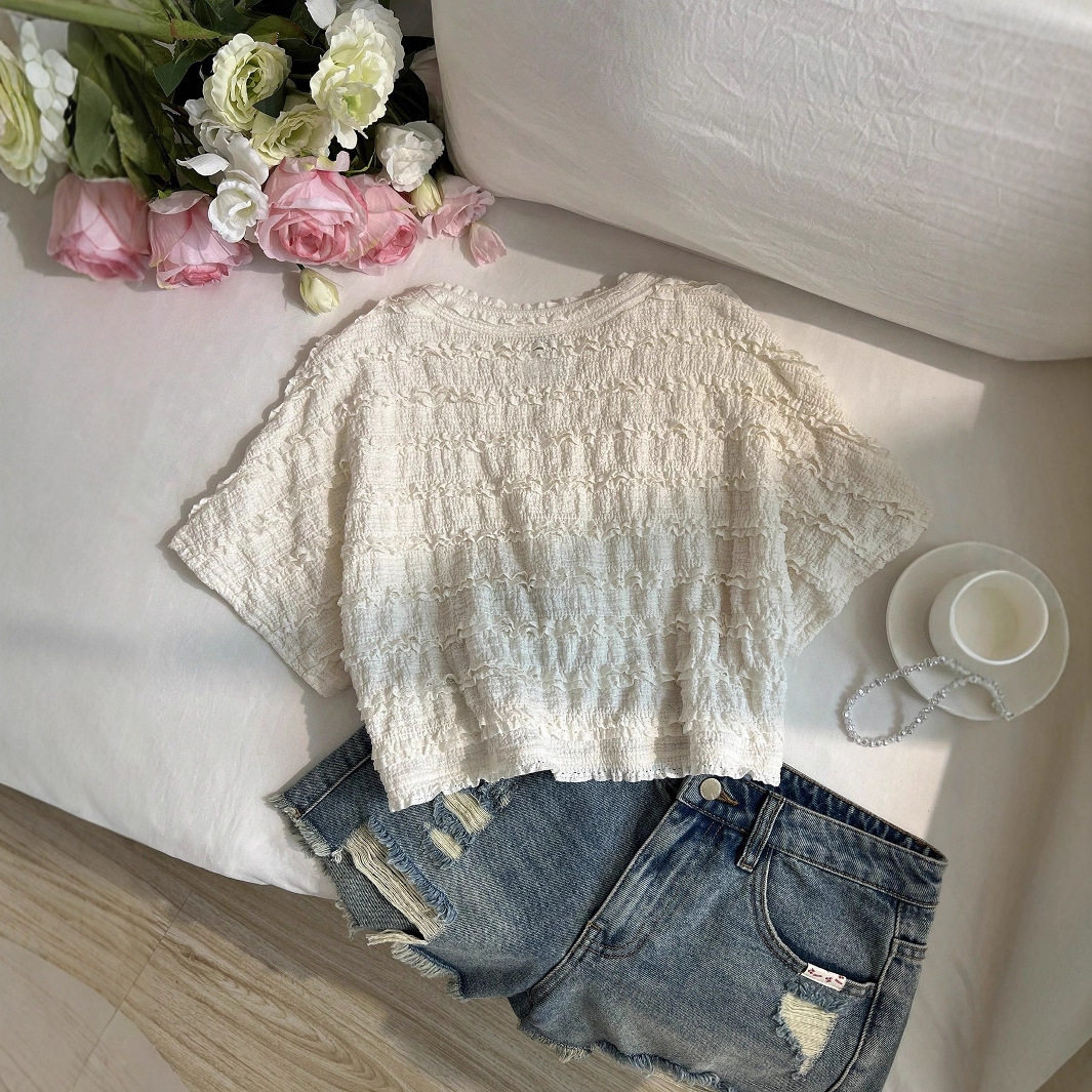 Lace Crochet Loose Fit T Shirt Round Neck Short Sleeve Elegant Design Casual Wear for Women Ready to Ship