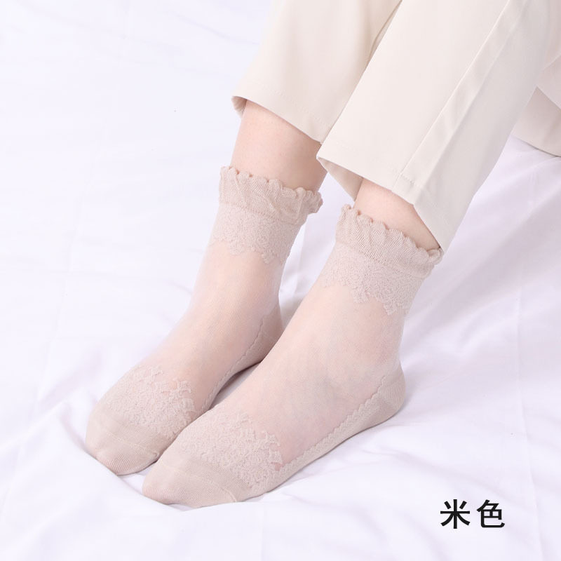 春季薄款中筒袜棉底玻璃丝袜子女蕾丝花边短款袜子防滑透气水晶袜