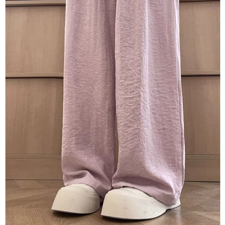 Womens High Waisted Ice Silk Wide Leg Trousers Lightweight Relaxed Fit Textured Fabric Summer Casual Wear