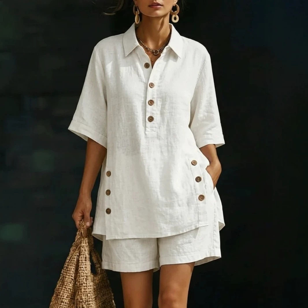 Womens Two Piece Set Short Sleeve Button Up Shirt Loose Fit Pants Solid Color Spring Summer Casual Wear Wholesale