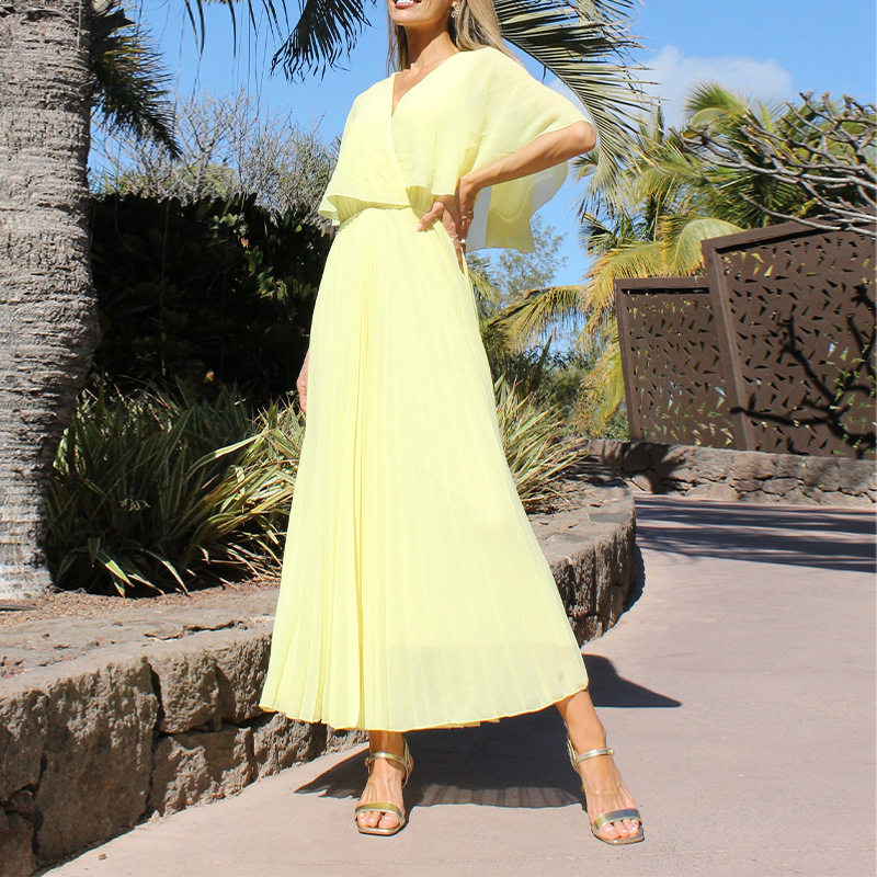 Summer Maxi Dress for Women V Neck Waist Defined Solid Color Vacation Style Wholesale Available