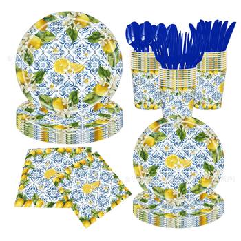 Retro Blue and White Porcelain Lemon Fruit Party Family Dinner Party Tableware Paper Cup Tissue Disposable Paper Plate Set