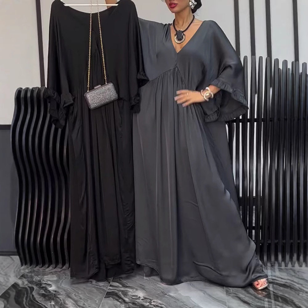 V Neck Long Sleeve Dress Solid Color Waist Defining Loose Fit Autumn Winter Fashion for Women Wholesale Available