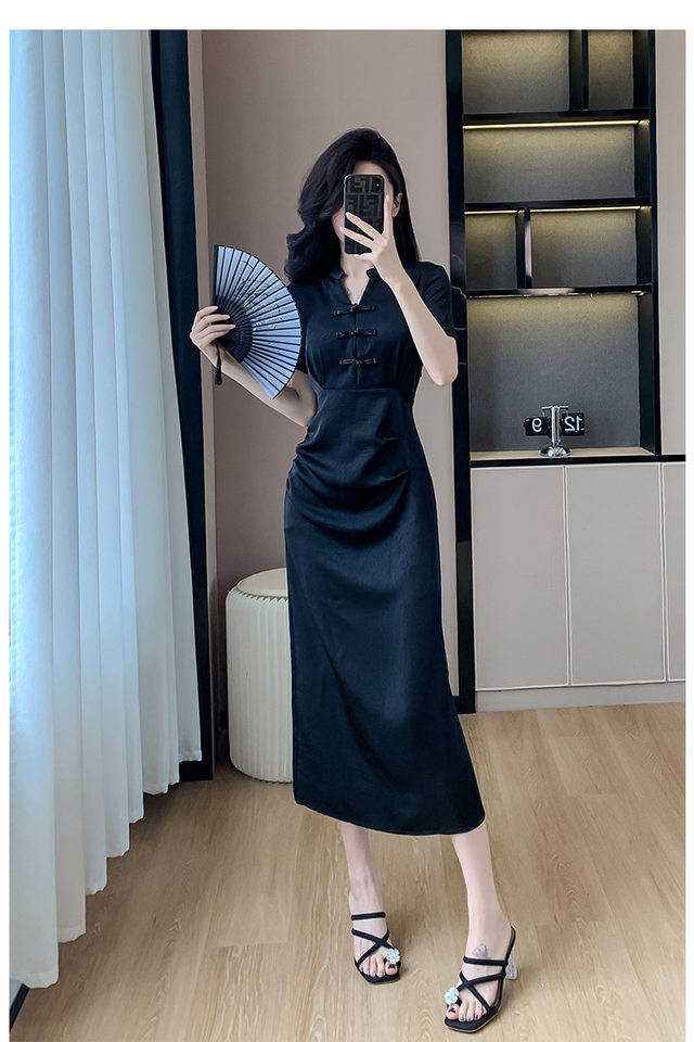 Váy Đầm Nữ Dáng Ôm Chiết Eo Phong Cách Trung Hoa Cổ Điển Màu Đen chi tiết 13
