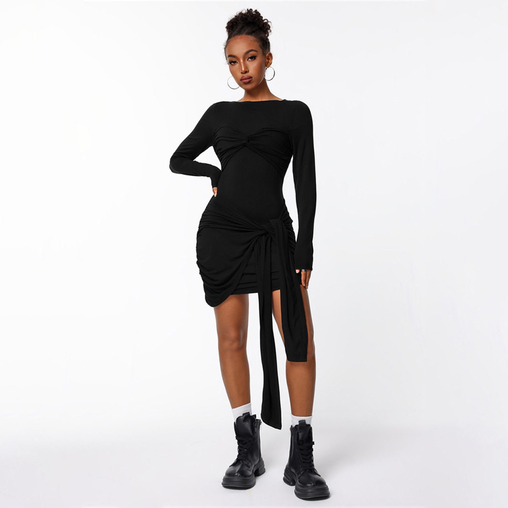 Elegant Womens Dress Unique Design Pleated Waist Defining Slim Fit Autumn Winter Fashion Wholesale Available
