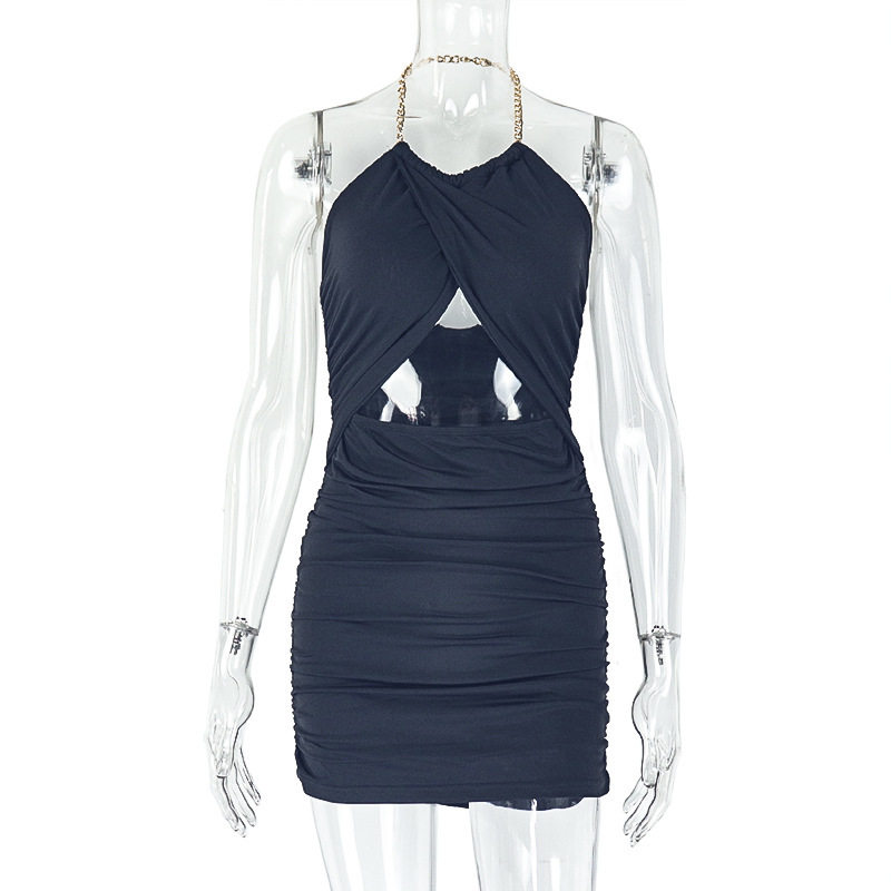 Metal Chain Halter Neck Bodycon Dress Ruffled Hollow Out Slim Fit Fashionable Evening Wear Party Dress