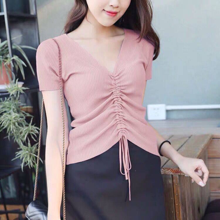 Womens V Neck Knitted T Shirt Short Sleeve Slim Fit Solid Color Summer Casual Wear