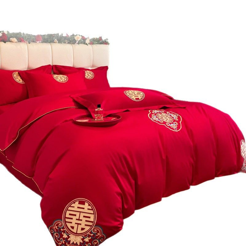 High-End Wedding Pure Cotton Four-Piece Wedding Set, Bright Red Cotton Quilt Cover, Bed Sheetss, Newlywed Wedding Supplies, Bedding