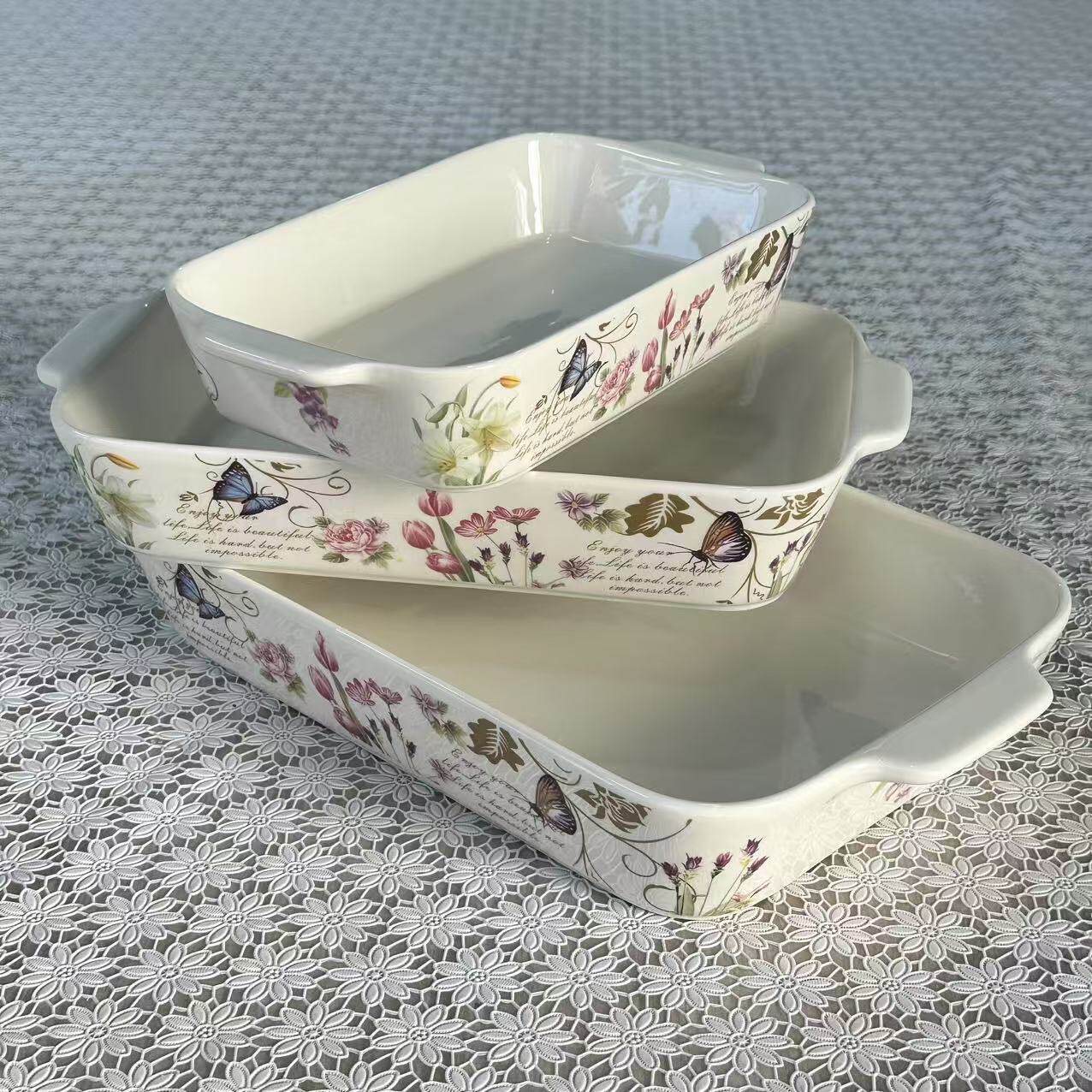 Foreign Trade Export Scandinavian Double-Eared Baking Pan Decal Household Ceramic Tableware Microwave Oven Rectangular Baking Pan Set