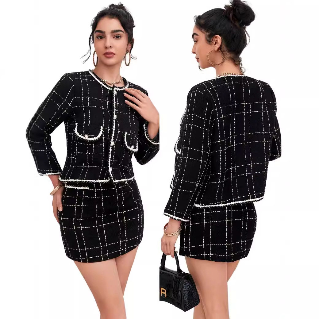 Chic Two Piece Set Elegant A Line Skirt Stylish Tweed Fabric Vintage Inspired Perfect for Parties or Casual Outings