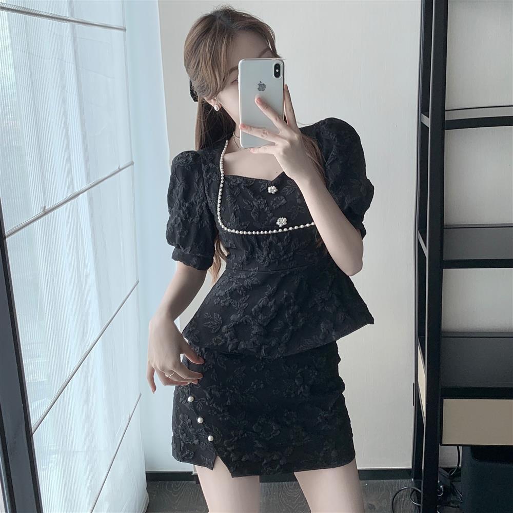 Short Sleeve Jacquard Shirt and High Slit Skirt Set Trendy Summer Outfit for Women Perfect for Parties and Casual Events
