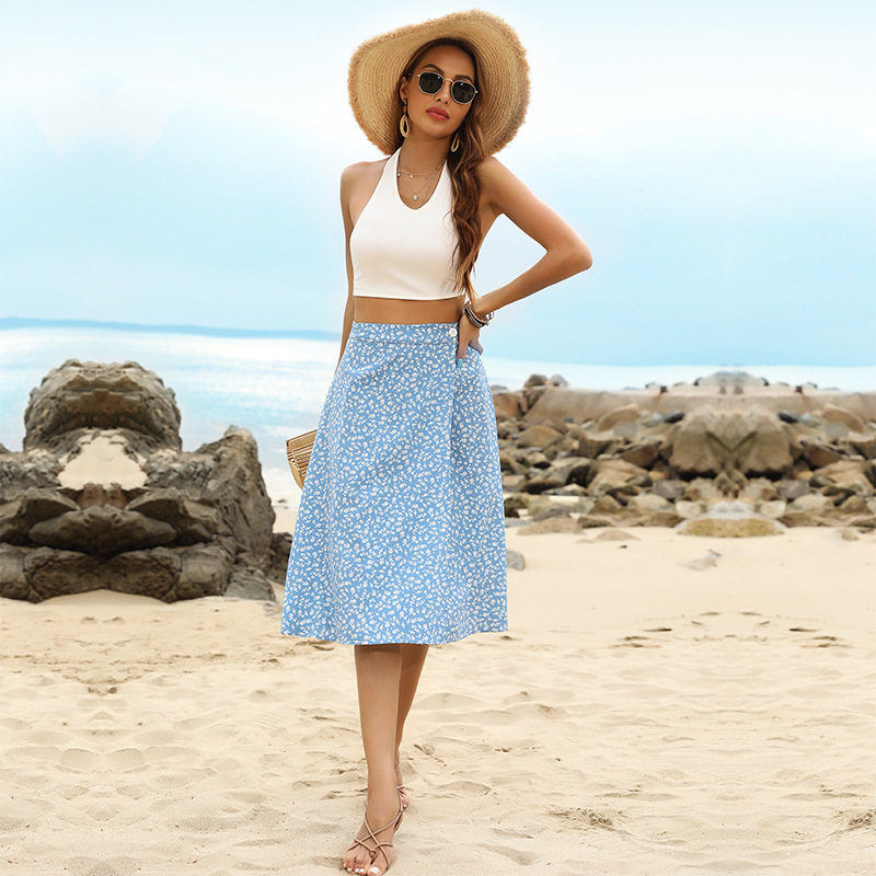 High Waisted Floral Split Skirt Summer Style Blue Color Comfortable Fabric Perfect for Casual Outings Wholesale