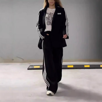 2025 Cross-Border Export Autum New European and American Loose Long-Sleeved Webbing Splicing Sports Suit Trousers Two-Piece Set