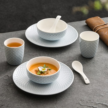 Xinghe Set Table Four-piece Ceramic Bowl and Dish suit Household One-person Dinner Bowl and Chopsticks Combination Hotel Tableware Commercial