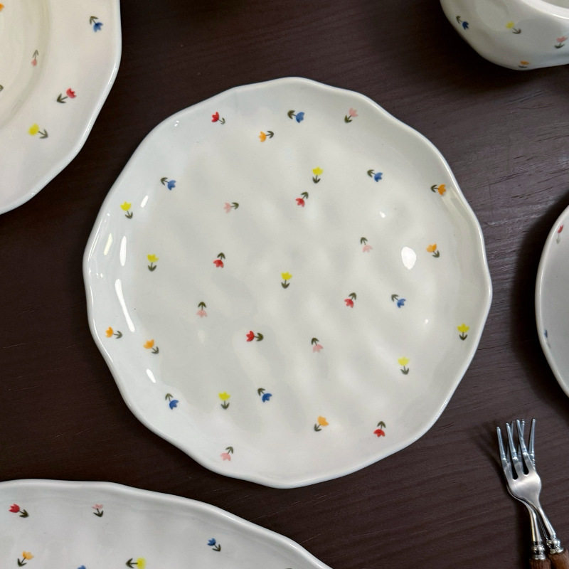 Korean Style Ins Style Hand-painted Color Tulip Ceramic Plate Hand-kneading Bowl High Color Value Coffee Cup and Saucer Oval Plate