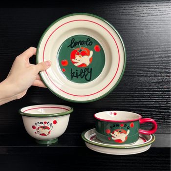 Cartoon Cat Tableware Plate Bowl Cute Children's Tableware Cup and Saucer Household Dish Soup Dish Rice Bowl Cat Cup and Saucer
