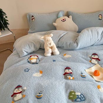 Cream Blue Thickened Teddy Velvet Towel Embroidered Embroidered Little Penguin Four-Piece Set 1.5 m1.8 Milk Velvet Warm in Autumn and Winter