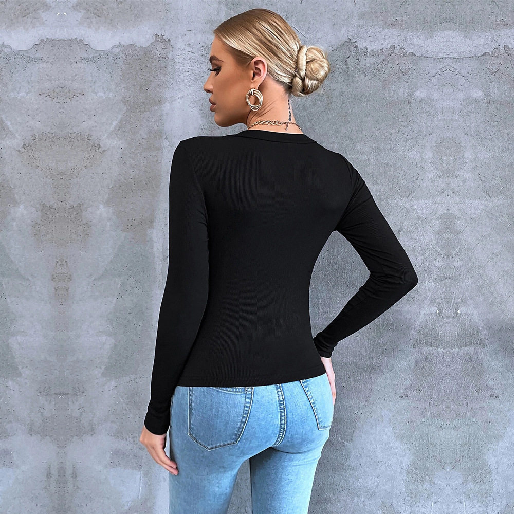 Womens Long Sleeve Cropped T Shirt Slim Fit Split Hem Elegant Style Perfect for Spring Summer Office Wear