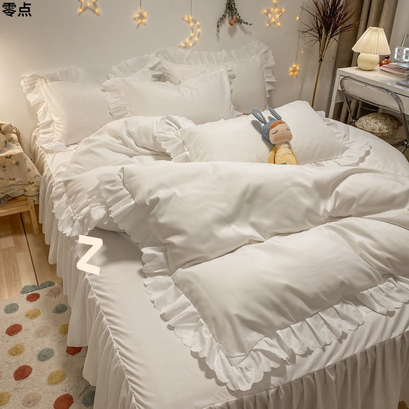 Girly Pink Washed Cotton Four-Piece Princess Style Lotus Leaf Lace Quilt Cover Bed Sheets Bed Skirt Dormitory Three-Piece Set