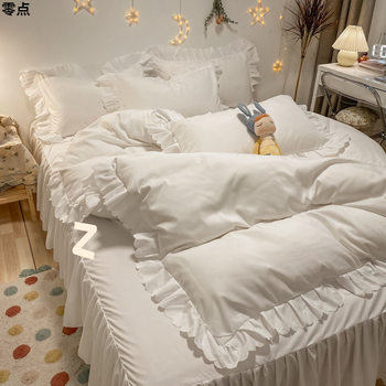 Girly Pink Washed Cotton Four-Piece Princess Style Lotus Leaf Lace Quilt Cover Bed Sheets Bed Skirt Dormitory Three-Piece Set