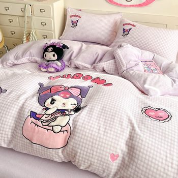 Sanrio Milk Velvet Four-Piece Towel Embroidered Bedding Set Autumn and Winter Thickeneded Student Fleece-Lined Bed Sheet Three-Piece Set