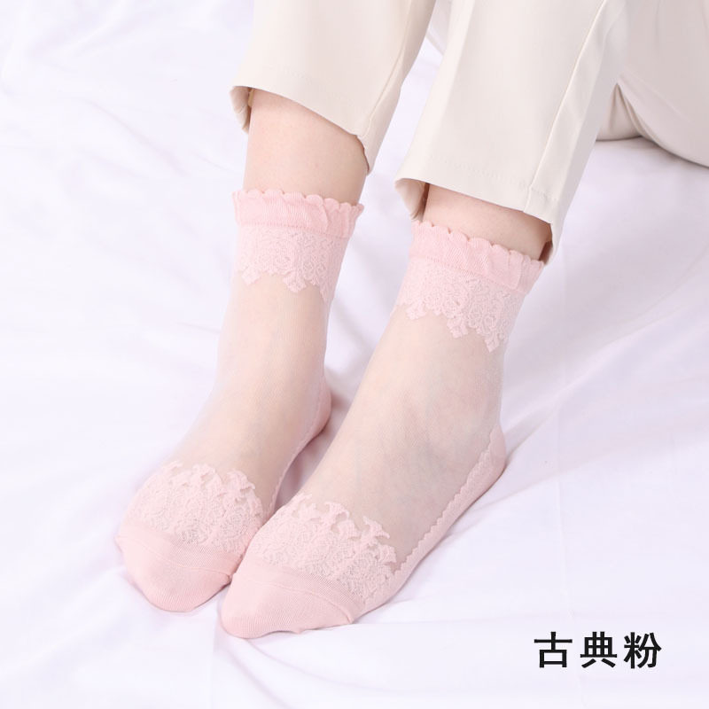 春季薄款中筒袜棉底玻璃丝袜子女蕾丝花边短款袜子防滑透气水晶袜