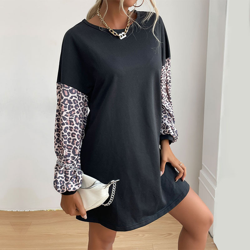 Color Block Leopard Print Hoodie Dress Flared Silhouette Long Sleeve Comfortable Fabric Casual Autumn Wear