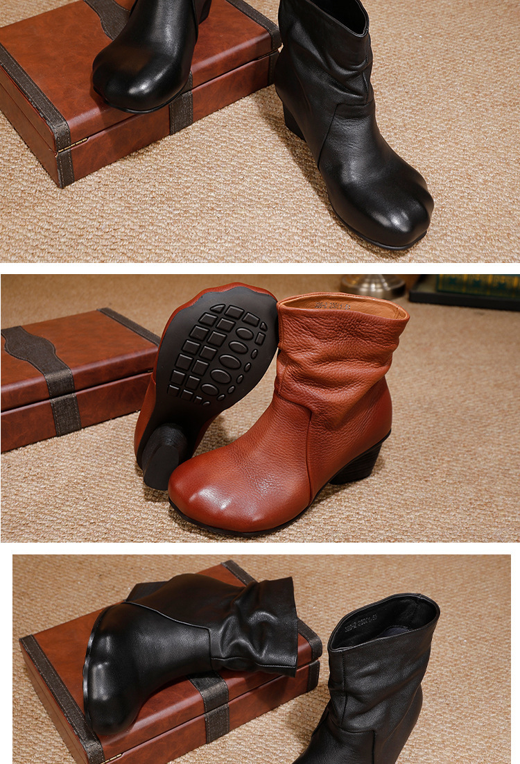 Boot nữ cổ thấp da bò thật gót vuông phong cách cổ điển — đen, màu nâu
