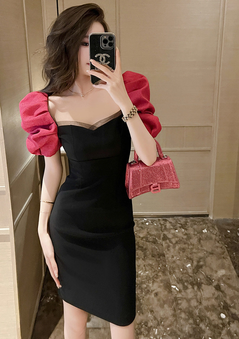 Đầm suông nữ midi cổ vuông tay bồng — [Màu thanh long] chi tiết 4