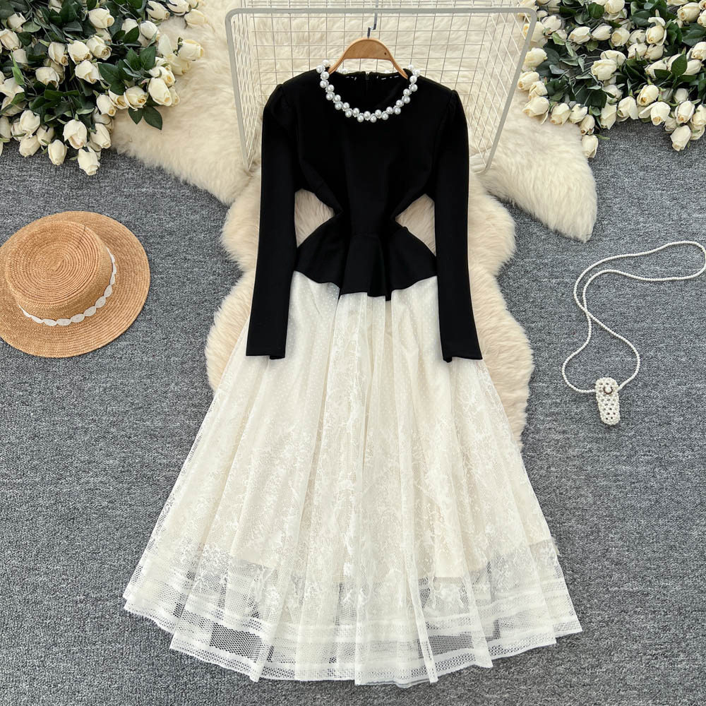 French Hepburn Style Beaded Round Neck Long Sleeve Lace Patchwork Dress Elegant Fit Flare Design Perfect for Autumn