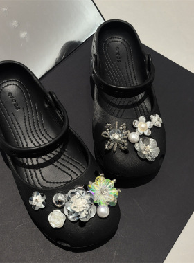 AI LIFE 芭蕾风洞洞鞋配饰鞋花珍珠银亮片装饰扣适配Cross/Crocs