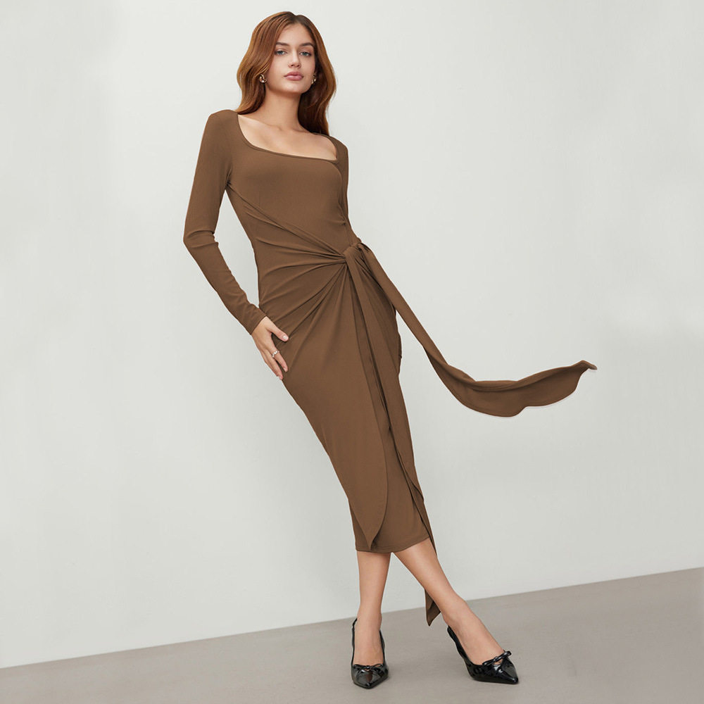 Long Sleeve Square Neck Dress High Waist Mid Length Elegant Style Autumn Winter Womens Fashion Wholesale Available