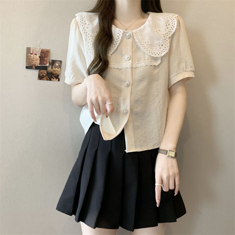 Pink Short Sleeve Doll Collar Blouse for Women Lightweight Comfortable Unique Design Summer Casual Wear Wholesale