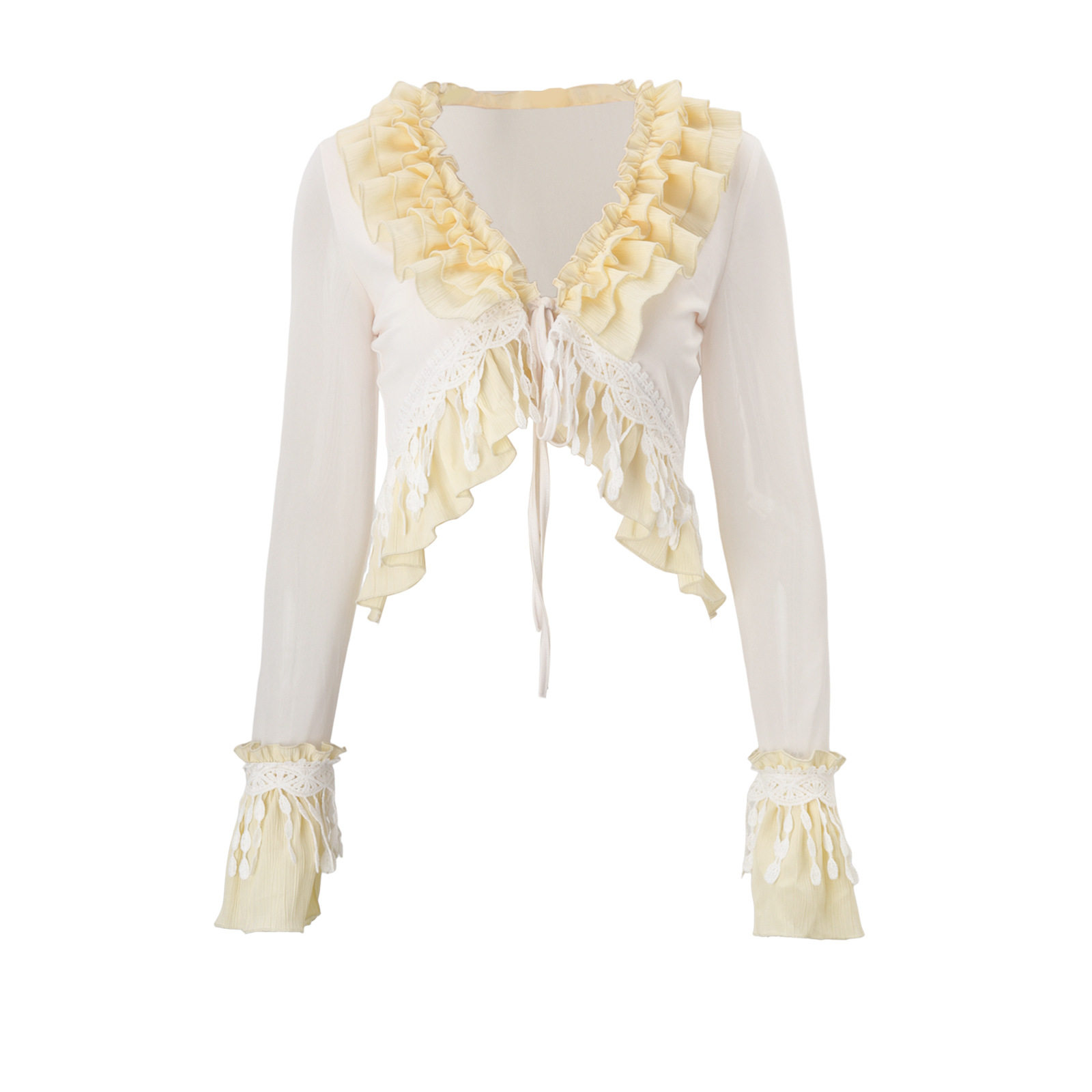 French Style Womens V Neck T Shirt Irregular Hem Ruffled Details Flared Sleeves Autumn Fashion Wholesale Available