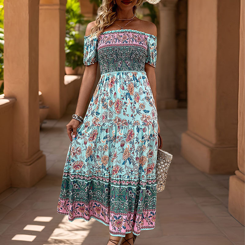 Vintage Bohemian Off Shoulder Printed Dress Summer Vacation Style Lightweight Fabric Comfortable Fit Wholesale