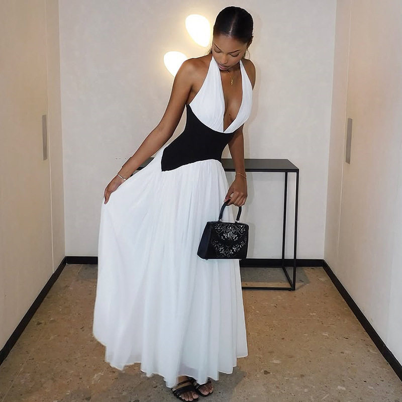A Line Dress Ruched Color Block Deep V Neck Backless Elegant Evening Wear Wholesale Available