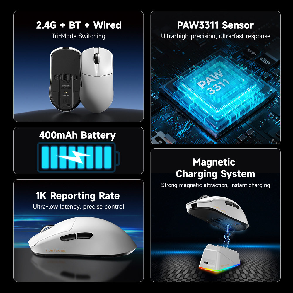 Furycube G13Pro Bluetooth Wireless Mouse Lightweight Three-Mode E-Sports Game Paw3311 with Charging Base