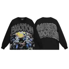 2025Mixedemotion Long-Sleeve Cotton T-Shirt, Washed and Distressed, Loose Fit, Street Style, Cross-Border Foreign Trade, Loose Design
