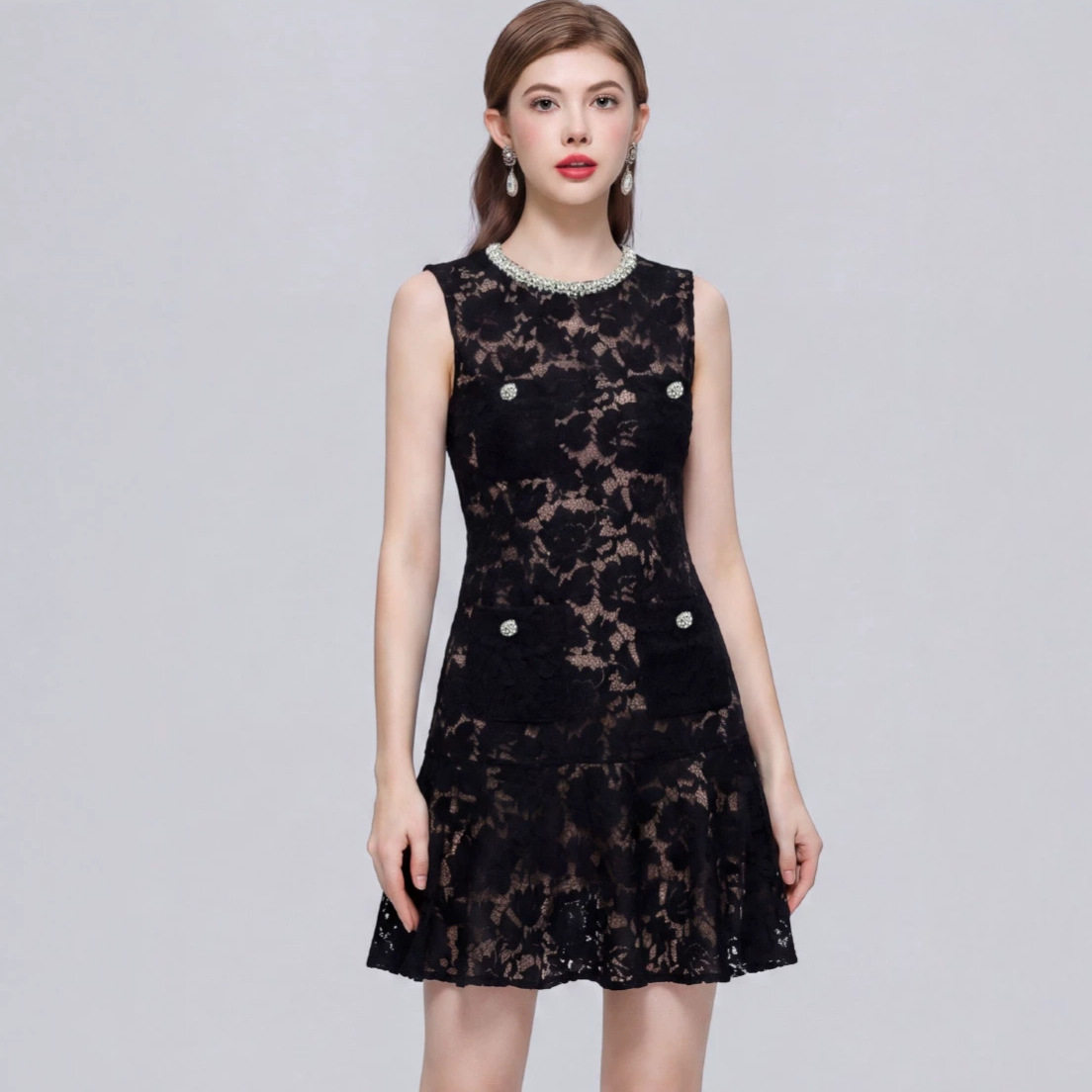 Lace A Line Dress Embellished Sleeveless High Waist Hollow Out Elegant Office Wear for Women OEM Available