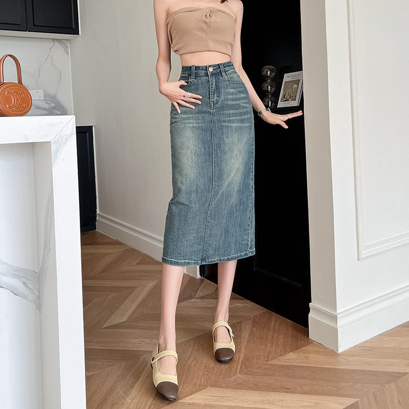 Fashionable High Waisted A Line Denim Skirt for Women Mid Length Back Slit Perfect for Petite Figures Spring and