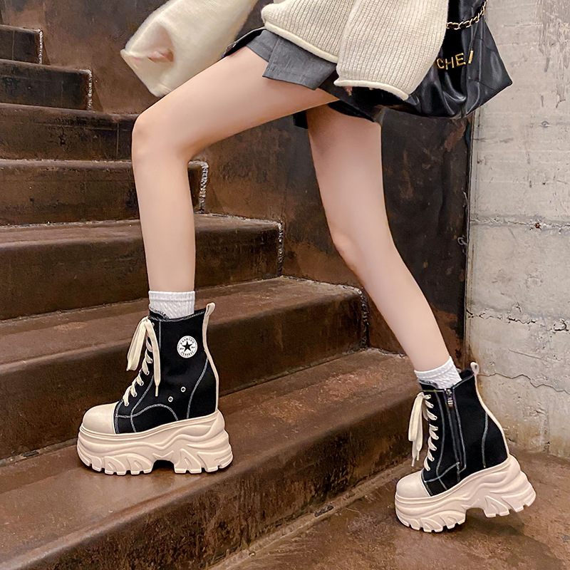 Boot Cổ Thấp Nữ Chất Liệu Vải Thô Cao 14cm Tăng Chiều Cao Đế Cao Hàng Mùa Xuân Thu Đông