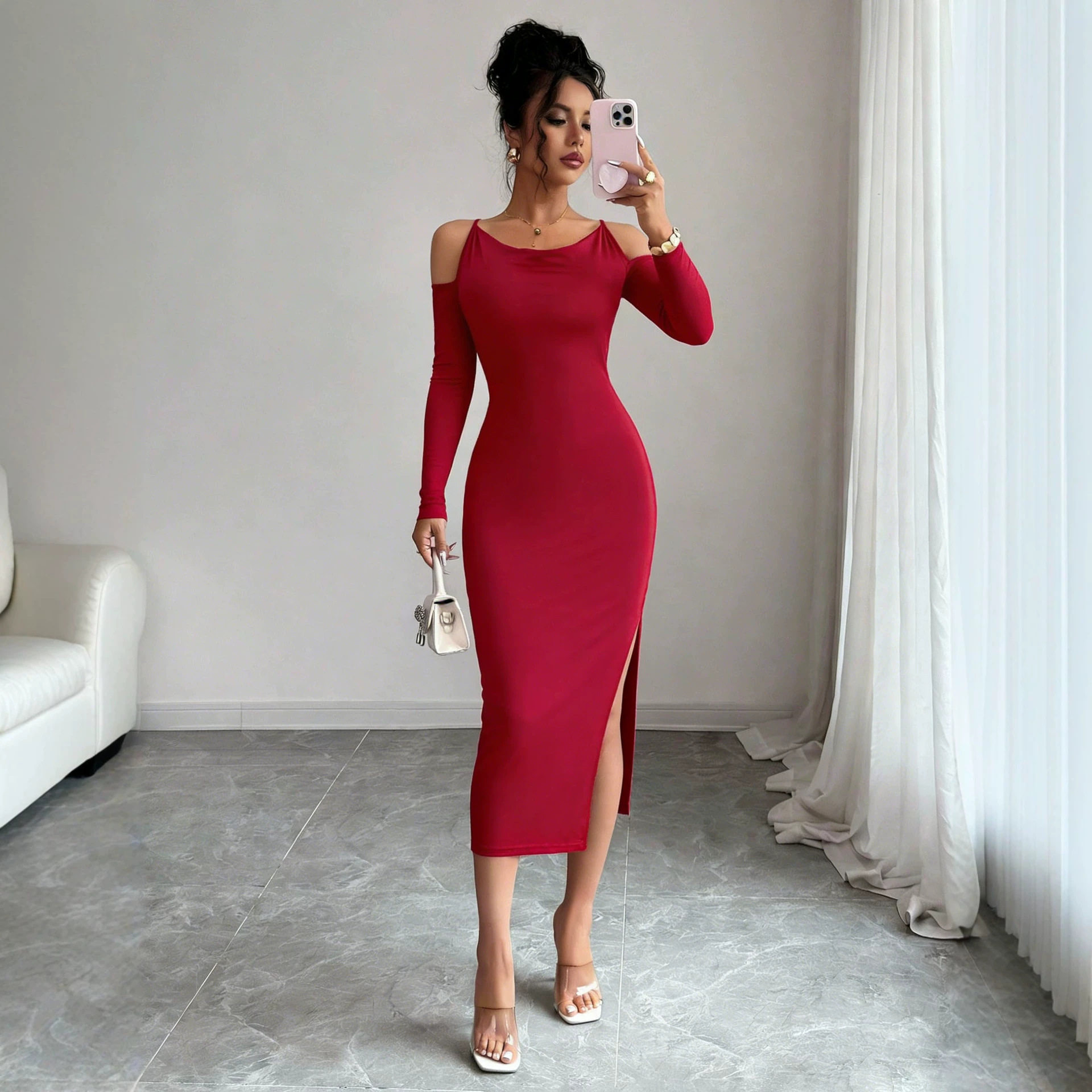 Off Shoulder Bodycon Dress Slim Fit Long Sleeve High Split Elegant Style Perfect for Parties and Formal Events