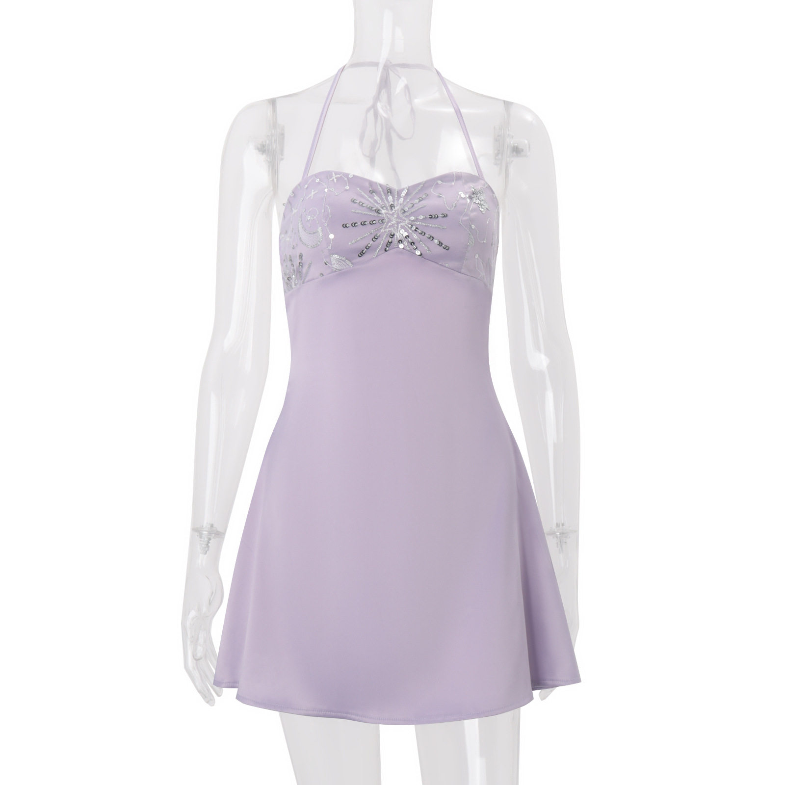 French Style Womens Summer Dress Elegant Hollow Embroidery Sequin Satin Halter Neck Perfect for Parties and Special