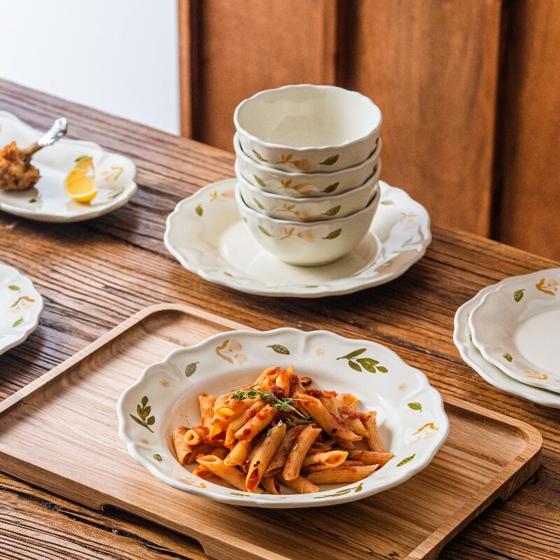 Fresh Cream Style Platycodon Grandiflorum Dish Tableware suit Ceramic Western Food Plate Flower Household Rice Bowl Flat Plate Fish Plate