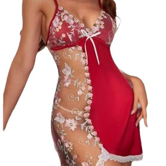 Foreign Trade European and American Sexy Lingerie Lace Embroidery See-Through Temptation Sexy Camisole Women's Nightdress and Panties Two-Piece Set