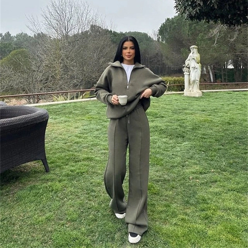 跨境欧美休闲女装时尚半开襟套头卫衣长裤两件套宽松休闲秋冬套装