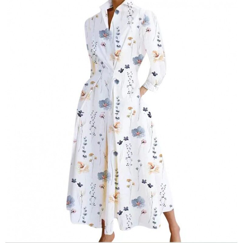 Plus Size Fashionable Polo Collar Dress Loose Fit Three Quarter Sleeves Flared Hem Ideal for Commuting Wholesale
