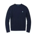 Navy blue crewneck sweater with white label