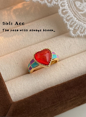 彩色滴油爱心戒指镀18k金小众设计感甜美多巴胺食指戒夸张指环