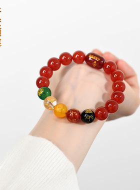 五路财神天然红玛瑙手链男女情侣本命年红色平安转运手串